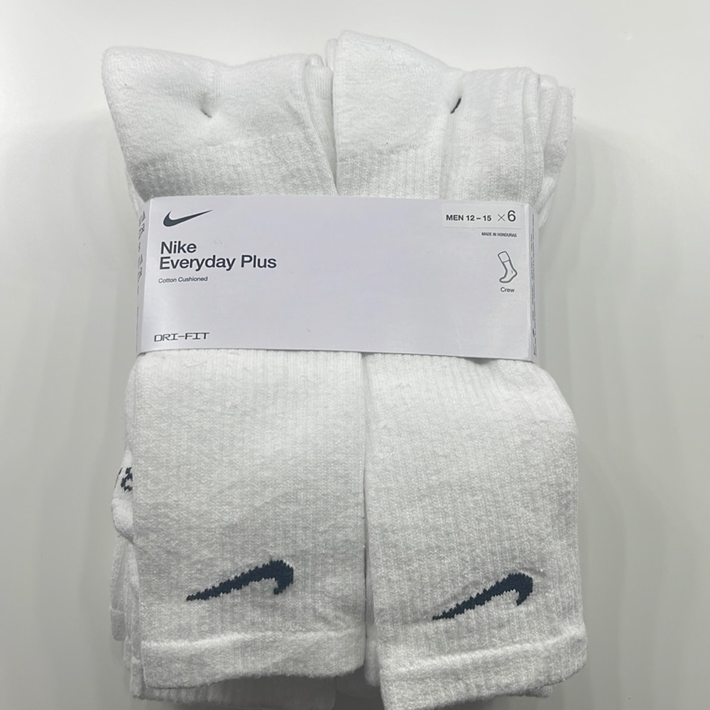 6 Pairs Nike everyday plus Cotton cushioned Crew Sock Dri-Fit White Mens 12-15